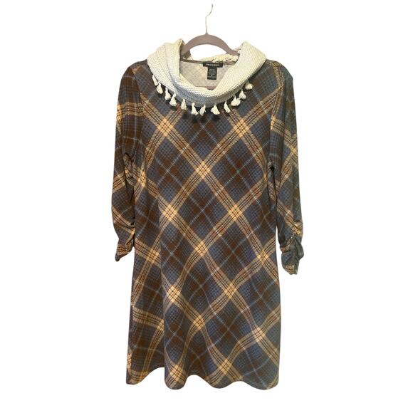 Robert Louis Brown Denim Plaid Soft Dress with Infinity Scarf - Picture 1 of 6